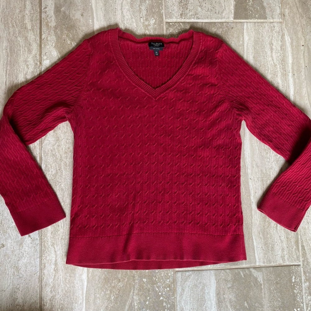 Talbots Cherry V-Neck Pima Cotton Sweater XL Petite Cableknit